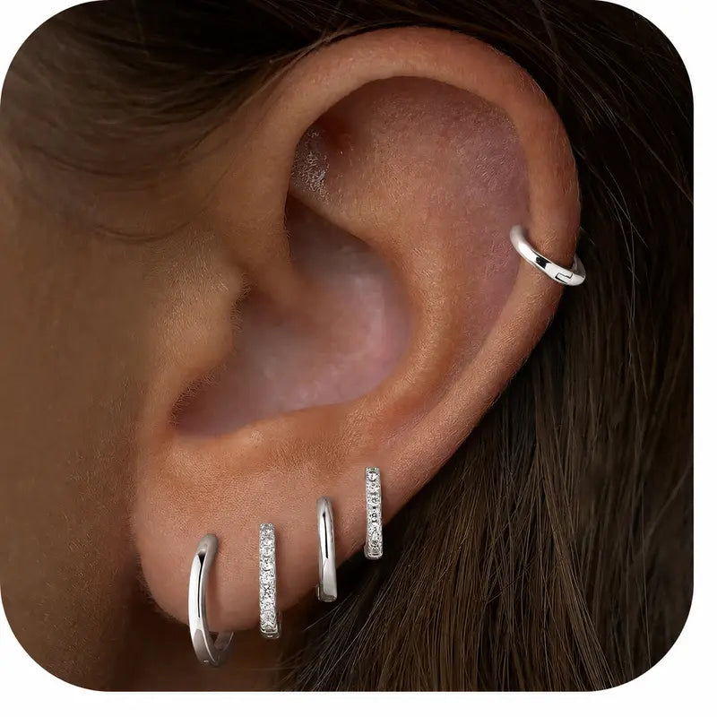 MONAVRA 5PCS Silver/Gold Plated Hypoallergenic Huggie Ear Hoops Mini Set - Dainty CZ, Lightweight Thin, Polished Metal Earrings, Earring Stack, Gold Hoop Charm Stack Earrings, Women'S Cartilage Jewelry Daily Gift