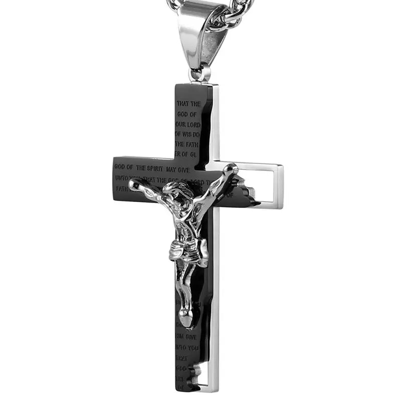 Unisex Stainless Steel Cross Crucifix Pendant Necklace, Prayer Theme, 22+2In Chain for Everyday, Casual Wear