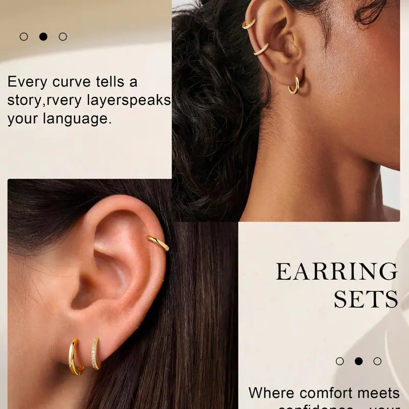 MONAVRA 5PCS Silver/Gold Plated Hypoallergenic Huggie Ear Hoops Mini Set - Dainty CZ, Lightweight Thin, Polished Metal Earrings, Earring Stack, Gold Hoop Charm Stack Earrings, Women'S Cartilage Jewelry Daily Gift