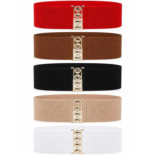 Women'S 5-Pcs Wide Elastic Adjust-Fit Belts Set - Stretchy Cinch Style with Gold-Tone Hardware, Vintage Waspie Corset Design for Dresses & Coats, Assorted Colors (Black,Brown,Nude,White,Red), Belts for Women, Adjust-Fit Women'S Belts