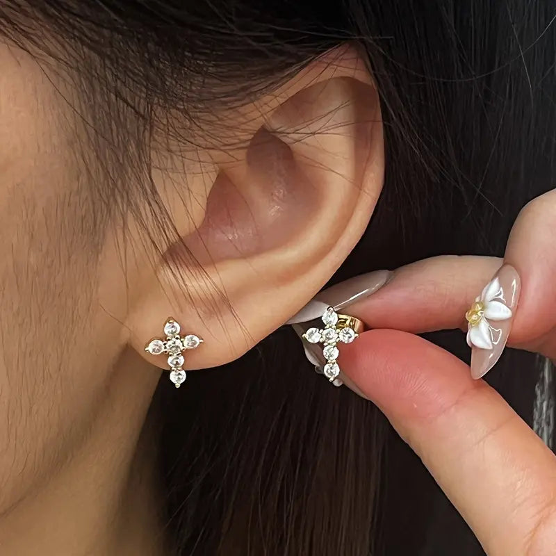 Sparkling Cubic Zirconia Cross & Crown Necklace & Ear Stud Set | Gold-Plated Delicate Jewelry, Suitable for Sensitive Ears | Gift for Her