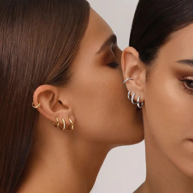 MONAVRA 5PCS Silver/Gold Plated Hypoallergenic Huggie Ear Hoops Mini Set - Dainty CZ, Lightweight Thin, Polished Metal Earrings, Earring Stack, Gold Hoop Charm Stack Earrings, Women'S Cartilage Jewelry Daily Gift