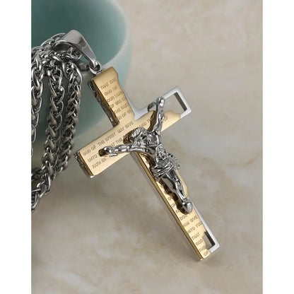 Unisex Stainless Steel Cross Crucifix Pendant Necklace, Prayer Theme, 22+2In Chain for Everyday, Casual Wear