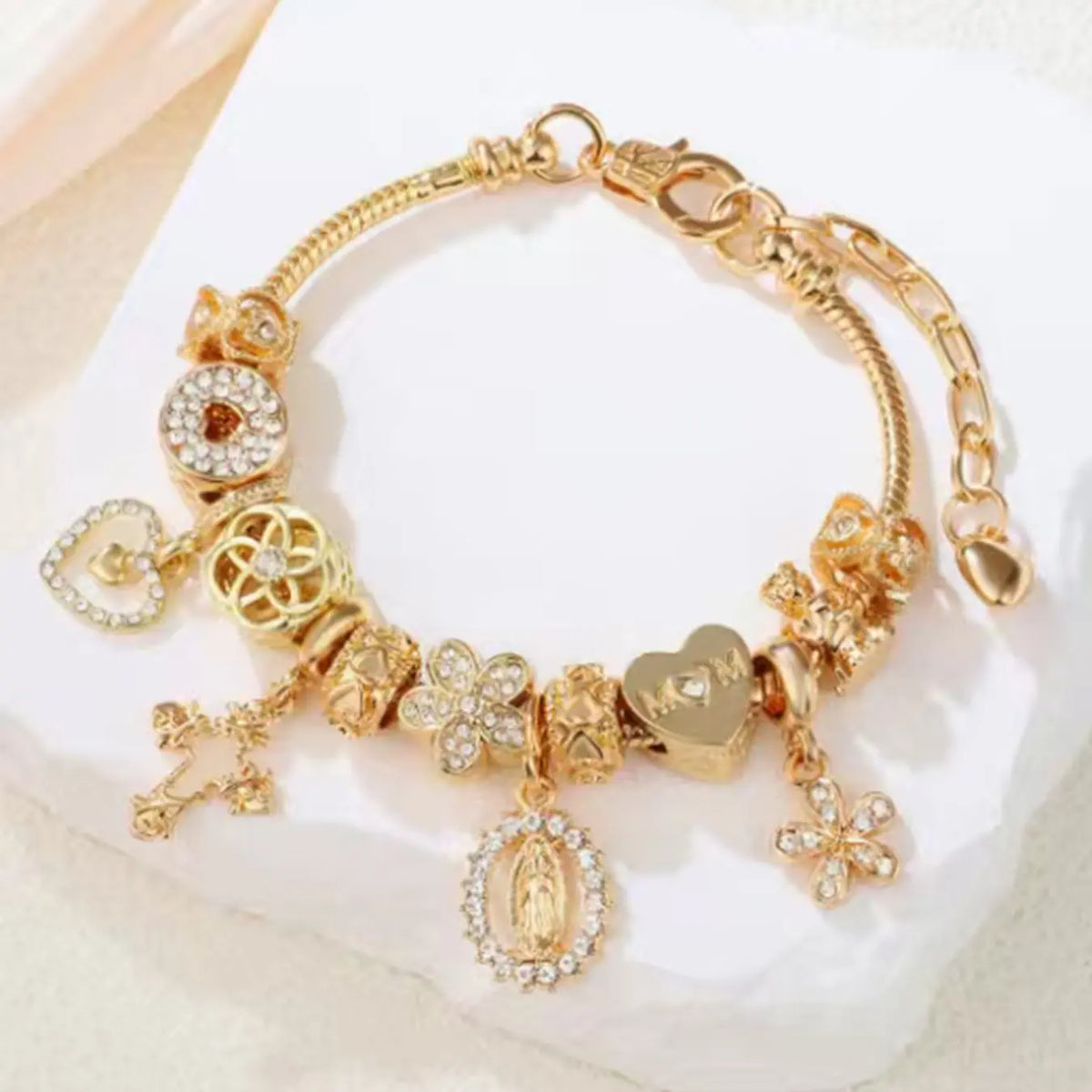 Y2K Cross Heart Virgin Mary Pendant Bracelet, Rhinestone Star Charm, Fashionable Gift Jewelry, Simple and Stylish Hand Accessory