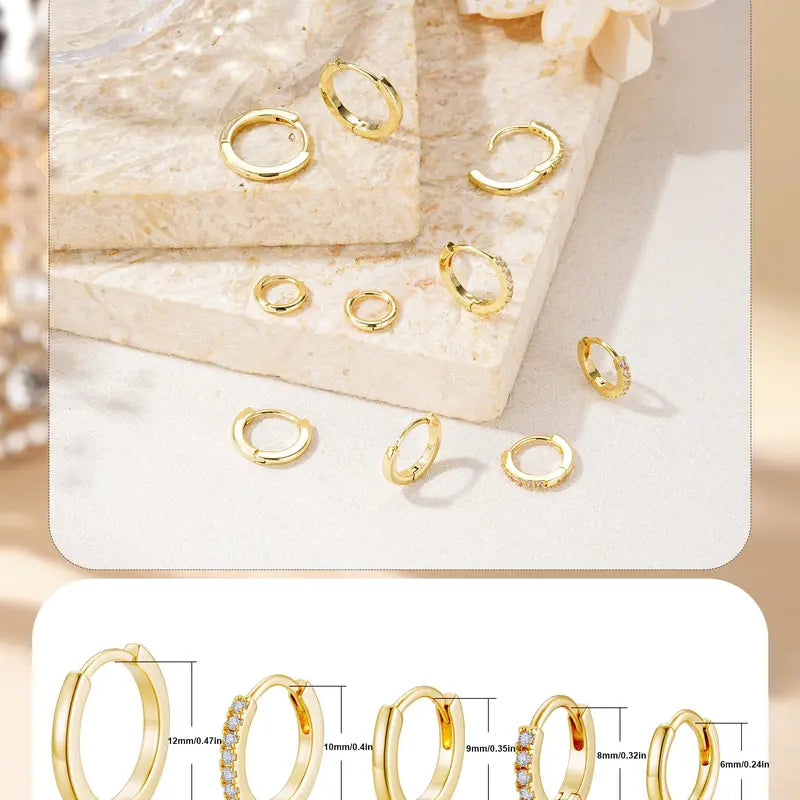 MONAVRA 5PCS Silver/Gold Plated Hypoallergenic Huggie Ear Hoops Mini Set - Dainty CZ, Lightweight Thin, Polished Metal Earrings, Earring Stack, Gold Hoop Charm Stack Earrings, Women'S Cartilage Jewelry Daily Gift