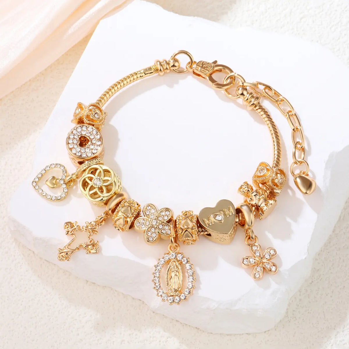 Y2K Cross Heart Virgin Mary Pendant Bracelet, Rhinestone Star Charm, Fashionable Gift Jewelry, Simple and Stylish Hand Accessory