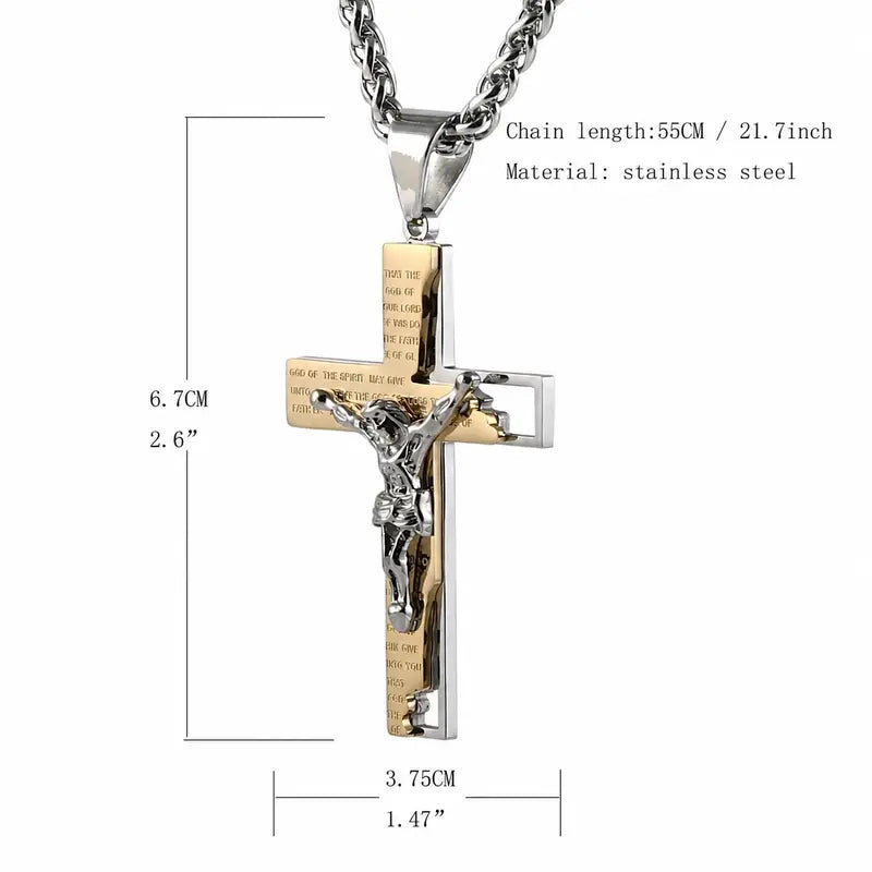 Unisex Stainless Steel Cross Crucifix Pendant Necklace, Prayer Theme, 22+2In Chain for Everyday, Casual Wear