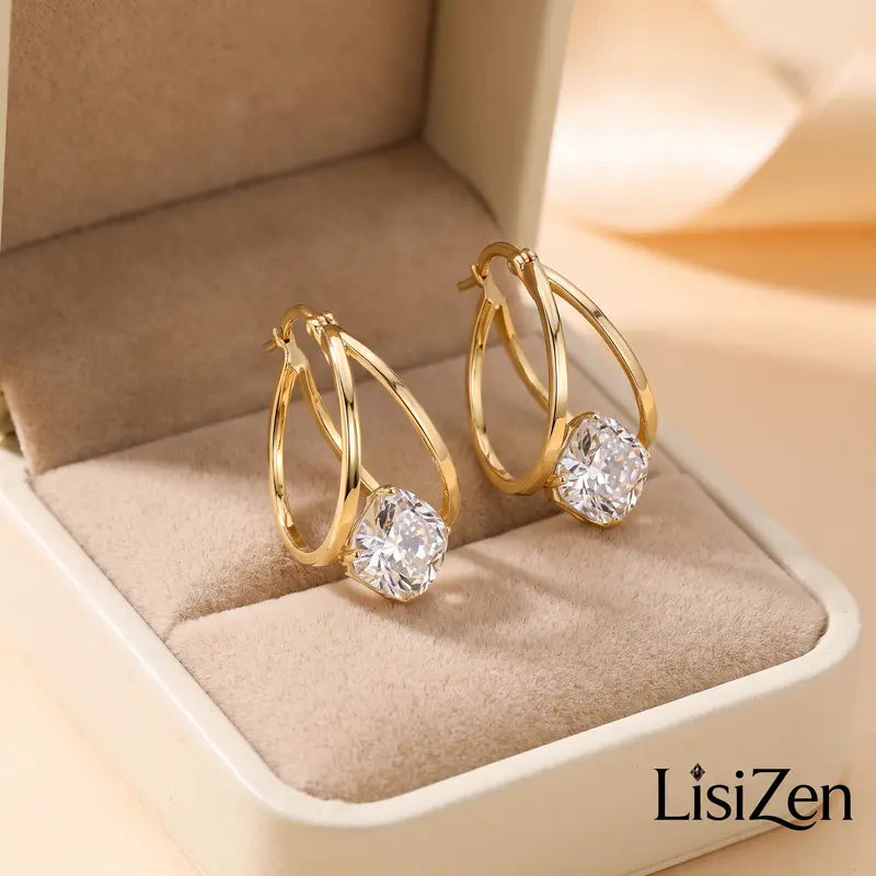 Women's Lisizen Copper Alloy Zircon Earrings - Elegant Double-Up Design, Smooth Plating, Durable Color, Lightweight Luxury Jewelry for Daily Wear, DZEH5711