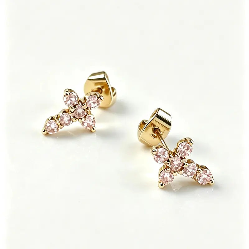 Sparkling Cubic Zirconia Cross & Crown Necklace & Ear Stud Set | Gold-Plated Delicate Jewelry, Suitable for Sensitive Ears | Gift for Her