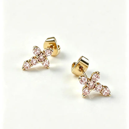 Sparkling Cubic Zirconia Cross & Crown Necklace & Ear Stud Set | Gold-Plated Delicate Jewelry, Suitable for Sensitive Ears | Gift for Her