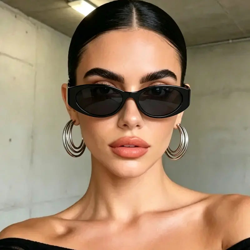 Trendy Vintage 2000S Full Rim Slim Narrow Fit Oval Plastic UV Blocking Sunglasses - Small Frame, Uv-Protection, Street Style Shades, Women'S & Unisex Daily Wear Eyewear