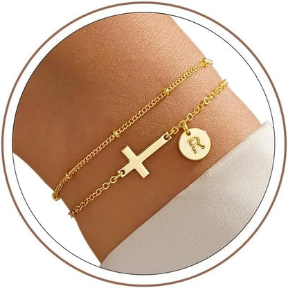 Turandoss Women'S 14K Gold-Plated Adjustable Initial Cross Chain Bracelet - Dainty Layered Disc Initial Letter Gold Stack, Exquisite Fashion Wrist Jewelry for Teen Girls, Baptism Gift