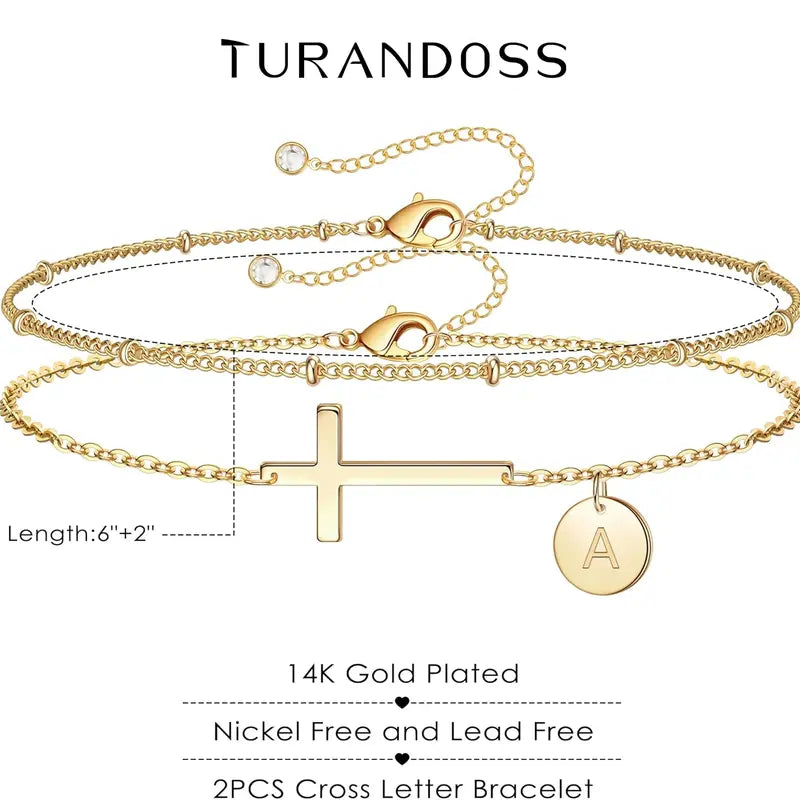 Turandoss Women'S 14K Gold-Plated Adjustable Initial Cross Chain Bracelet - Dainty Layered Disc Initial Letter Gold Stack, Exquisite Fashion Wrist Jewelry for Teen Girls, Baptism Gift