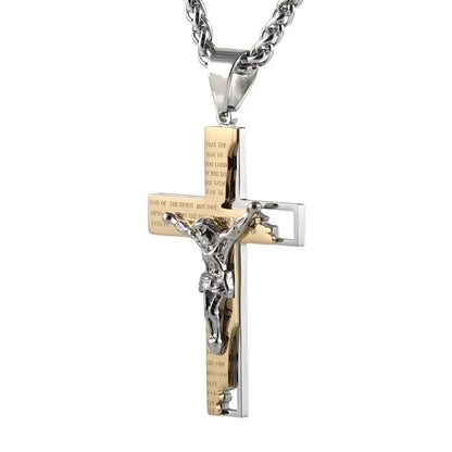 Unisex Stainless Steel Cross Crucifix Pendant Necklace, Prayer Theme, 22+2In Chain for Everyday, Casual Wear