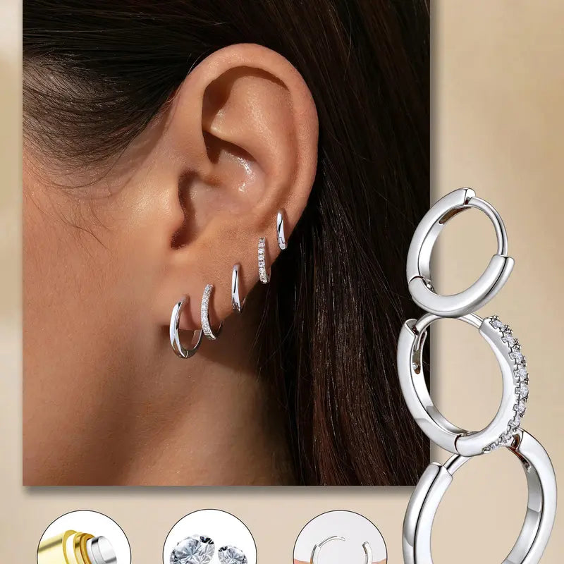 MONAVRA 5PCS Silver/Gold Plated Hypoallergenic Huggie Ear Hoops Mini Set - Dainty CZ, Lightweight Thin, Polished Metal Earrings, Earring Stack, Gold Hoop Charm Stack Earrings, Women'S Cartilage Jewelry Daily Gift