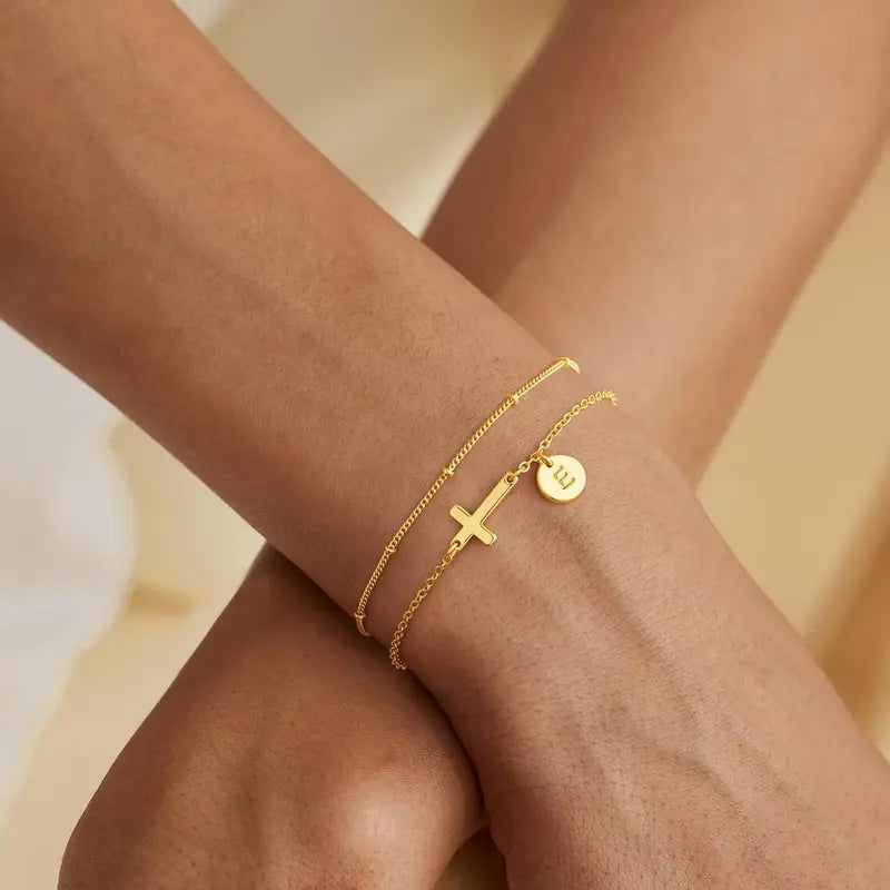Turandoss Women'S 14K Gold-Plated Adjustable Initial Cross Chain Bracelet - Dainty Layered Disc Initial Letter Gold Stack, Exquisite Fashion Wrist Jewelry for Teen Girls, Baptism Gift