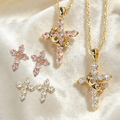 Sparkling Cubic Zirconia Cross & Crown Necklace & Ear Stud Set | Gold-Plated Delicate Jewelry, Suitable for Sensitive Ears | Gift for Her
