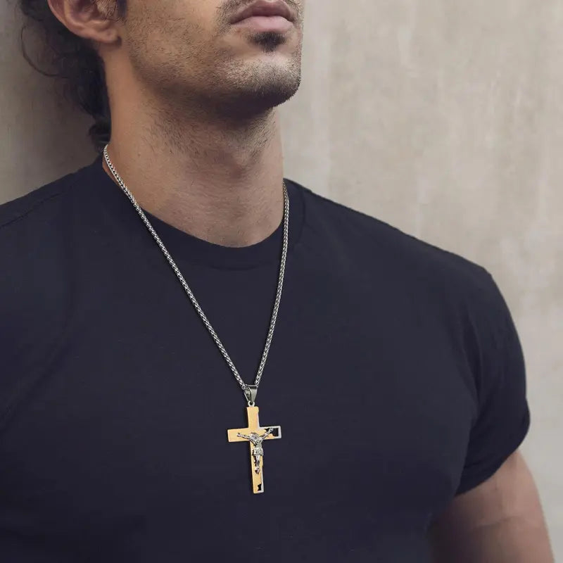 Unisex Stainless Steel Cross Crucifix Pendant Necklace, Prayer Theme, 22+2In Chain for Everyday, Casual Wear