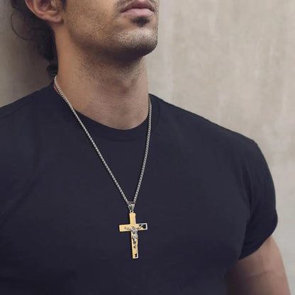 Unisex Stainless Steel Cross Crucifix Pendant Necklace, Prayer Theme, 22+2In Chain for Everyday, Casual Wear