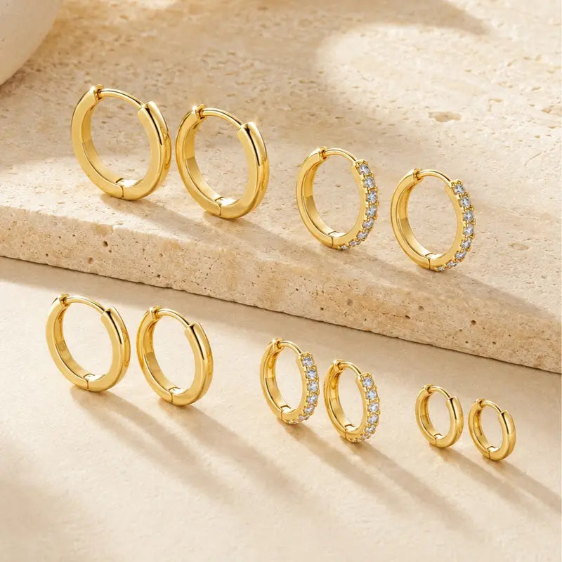 MONAVRA 5PCS Silver/Gold Plated Hypoallergenic Huggie Ear Hoops Mini Set - Dainty CZ, Lightweight Thin, Polished Metal Earrings, Earring Stack, Gold Hoop Charm Stack Earrings, Women'S Cartilage Jewelry Daily Gift