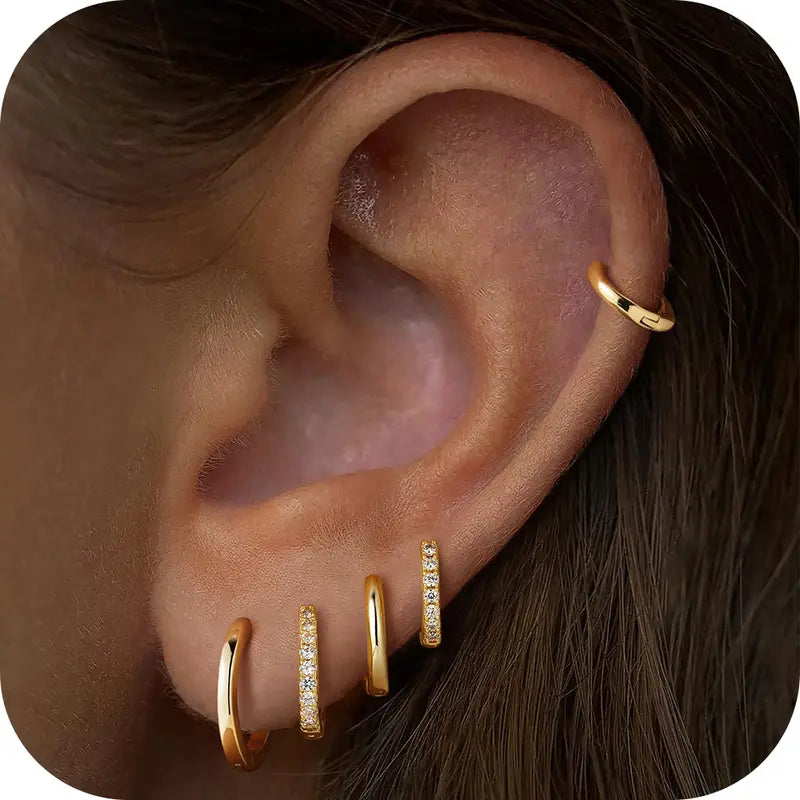 MONAVRA 5PCS Silver/Gold Plated Hypoallergenic Huggie Ear Hoops Mini Set - Dainty CZ, Lightweight Thin, Polished Metal Earrings, Earring Stack, Gold Hoop Charm Stack Earrings, Women'S Cartilage Jewelry Daily Gift