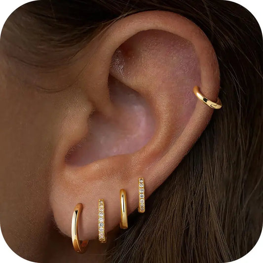 MONAVRA 5PCS Silver/Gold Plated Hypoallergenic Huggie Ear Hoops Mini Set - Dainty CZ, Lightweight Thin, Polished Metal Earrings, Earring Stack, Gold Hoop Charm Stack Earrings, Women'S Cartilage Jewelry Daily Gift