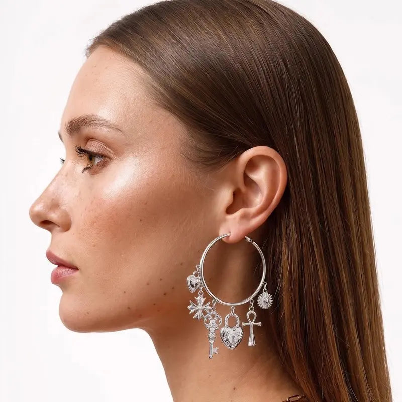 GANIA Vintage Large Hoop Earrings Decorated with Heart Padlock Pendants, Carved Keys, Ankh Crosses, Sun Star and Flower Charms. Crafted with Skin-Friendly Material, This Versatile Women Ear Jewelry Is a Nice Pick for Gift Giving.