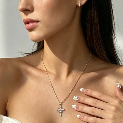Sparkling Cubic Zirconia Cross & Crown Necklace & Ear Stud Set | Gold-Plated Delicate Jewelry, Suitable for Sensitive Ears | Gift for Her