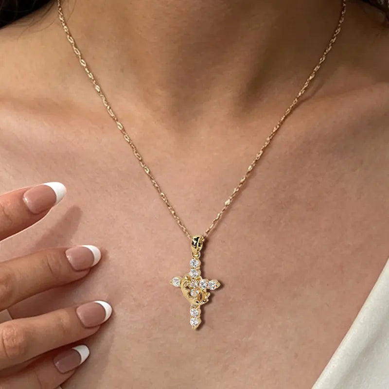 Sparkling Cubic Zirconia Cross & Crown Necklace & Ear Stud Set | Gold-Plated Delicate Jewelry, Suitable for Sensitive Ears | Gift for Her