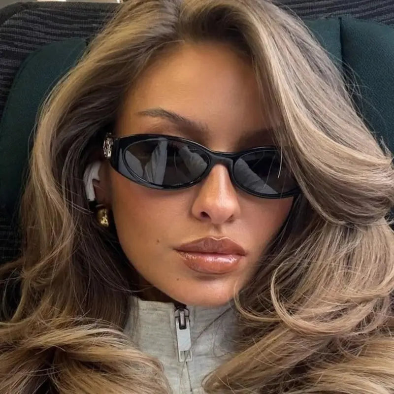 Trendy Vintage 2000S Full Rim Slim Narrow Fit Oval Plastic UV Blocking Sunglasses - Small Frame, Uv-Protection, Street Style Shades, Women'S & Unisex Daily Wear Eyewear