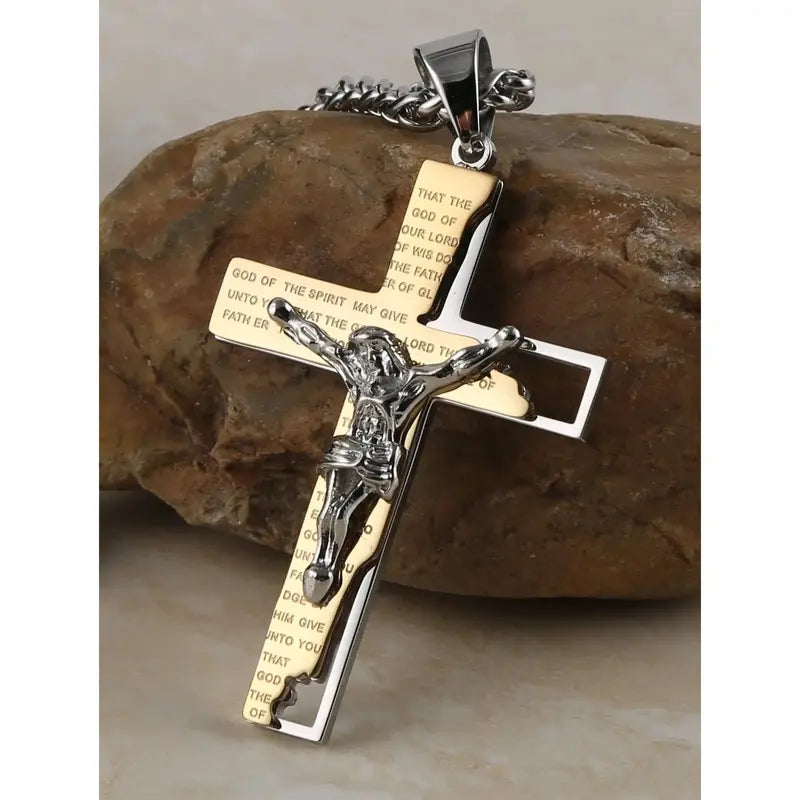 Unisex Stainless Steel Cross Crucifix Pendant Necklace, Prayer Theme, 22+2In Chain for Everyday, Casual Wear