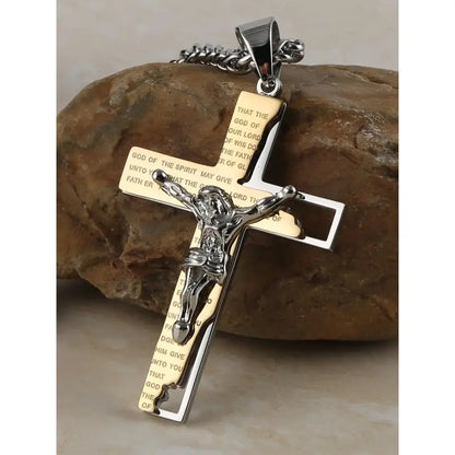 Unisex Stainless Steel Cross Crucifix Pendant Necklace, Prayer Theme, 22+2In Chain for Everyday, Casual Wear
