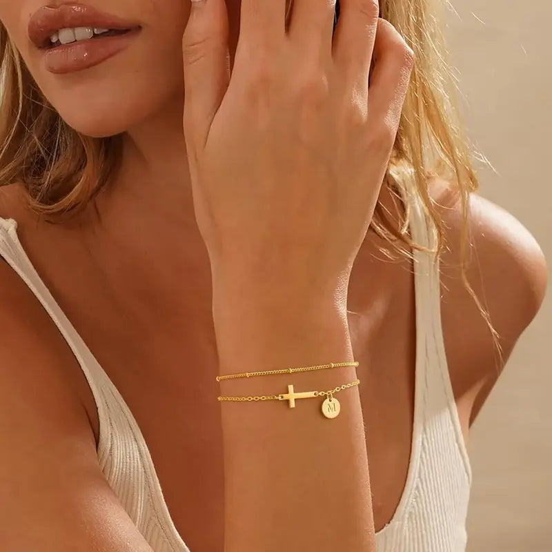Turandoss Women'S 14K Gold-Plated Adjustable Initial Cross Chain Bracelet - Dainty Layered Disc Initial Letter Gold Stack, Exquisite Fashion Wrist Jewelry for Teen Girls, Baptism Gift