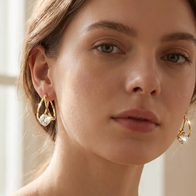 Women's Lisizen Copper Alloy Zircon Earrings - Elegant Double-Up Design, Smooth Plating, Durable Color, Lightweight Luxury Jewelry for Daily Wear, DZEH5711