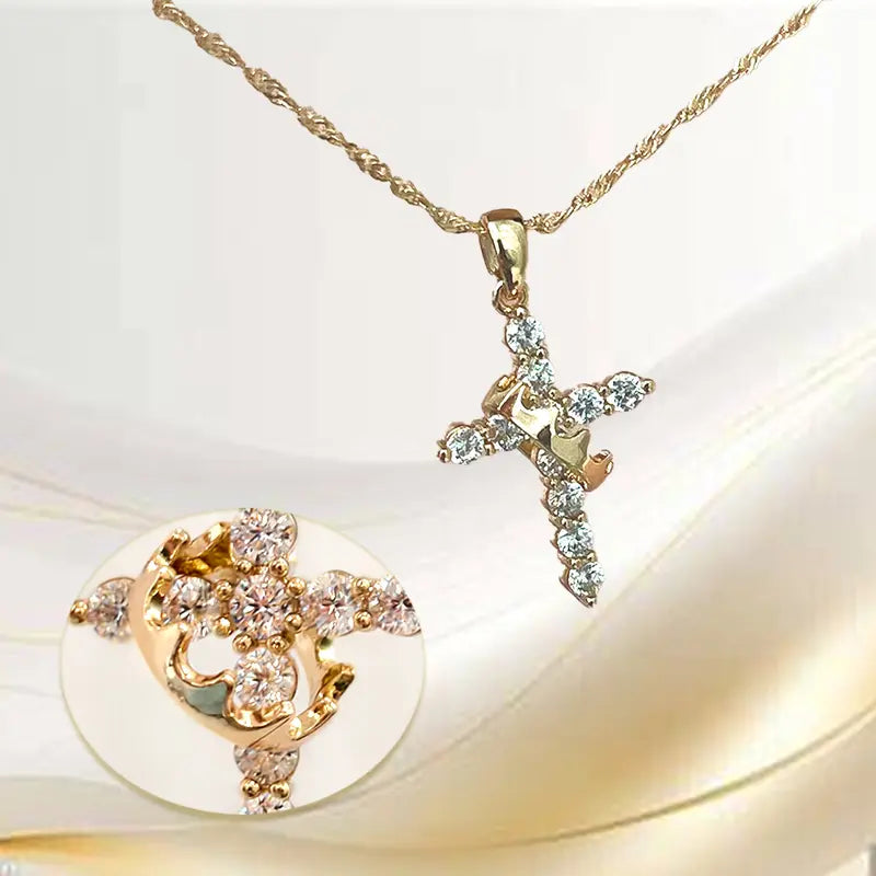 Sparkling Cubic Zirconia Cross & Crown Necklace & Ear Stud Set | Gold-Plated Delicate Jewelry, Suitable for Sensitive Ears | Gift for Her