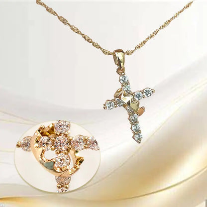 Sparkling Cubic Zirconia Cross & Crown Necklace & Ear Stud Set | Gold-Plated Delicate Jewelry, Suitable for Sensitive Ears | Gift for Her