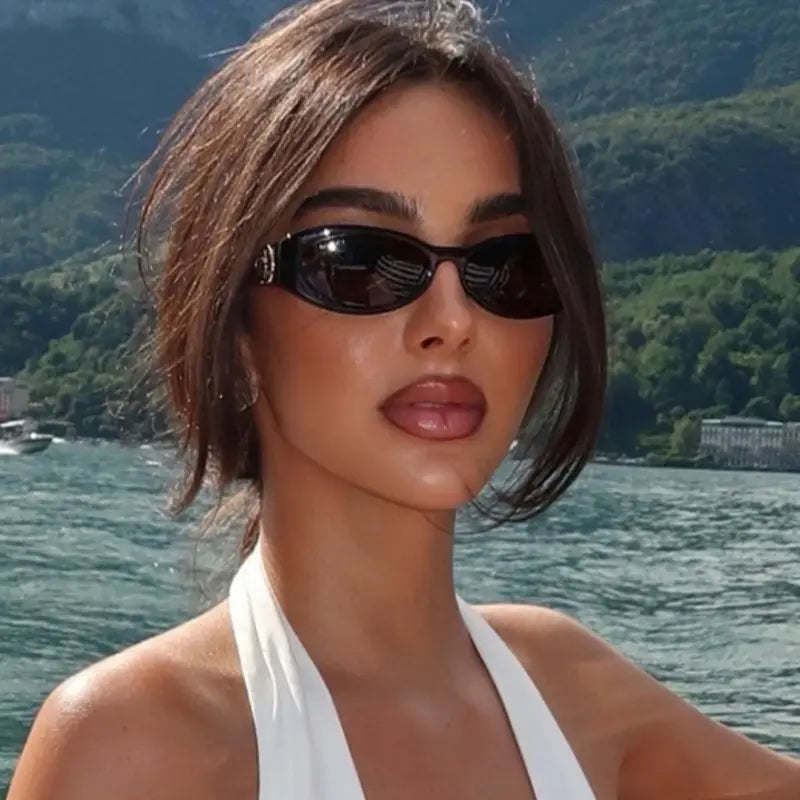 Trendy Vintage 2000S Full Rim Slim Narrow Fit Oval Plastic UV Blocking Sunglasses - Small Frame, Uv-Protection, Street Style Shades, Women'S & Unisex Daily Wear Eyewear