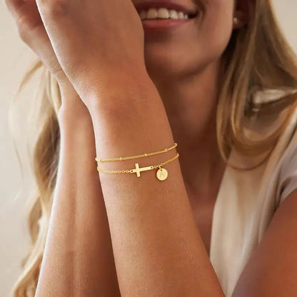 Turandoss Women'S 14K Gold-Plated Adjustable Initial Cross Chain Bracelet - Dainty Layered Disc Initial Letter Gold Stack, Exquisite Fashion Wrist Jewelry for Teen Girls, Baptism Gift
