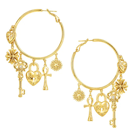 GANIA Vintage Large Hoop Earrings Decorated with Heart Padlock Pendants, Carved Keys, Ankh Crosses, Sun Star and Flower Charms. Crafted with Skin-Friendly Material, This Versatile Women Ear Jewelry Is a Nice Pick for Gift Giving.