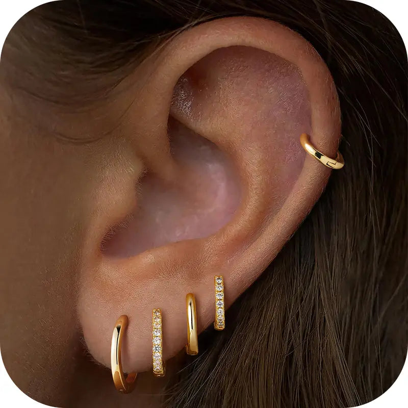 MONAVRA 5PCS Silver/Gold Plated Hypoallergenic Huggie Ear Hoops Mini Set - Dainty CZ, Lightweight Thin, Polished Metal Earrings, Earring Stack, Gold Hoop Charm Stack Earrings, Women'S Cartilage Jewelry Daily Gift