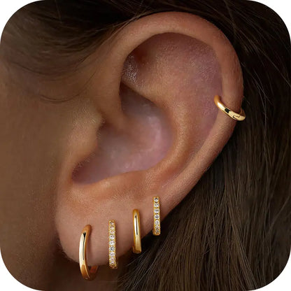 MONAVRA 5PCS Silver/Gold Plated Hypoallergenic Huggie Ear Hoops Mini Set - Dainty CZ, Lightweight Thin, Polished Metal Earrings, Earring Stack, Gold Hoop Charm Stack Earrings, Women'S Cartilage Jewelry Daily Gift