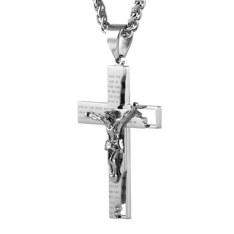 Unisex Stainless Steel Cross Crucifix Pendant Necklace, Prayer Theme, 22+2In Chain for Everyday, Casual Wear