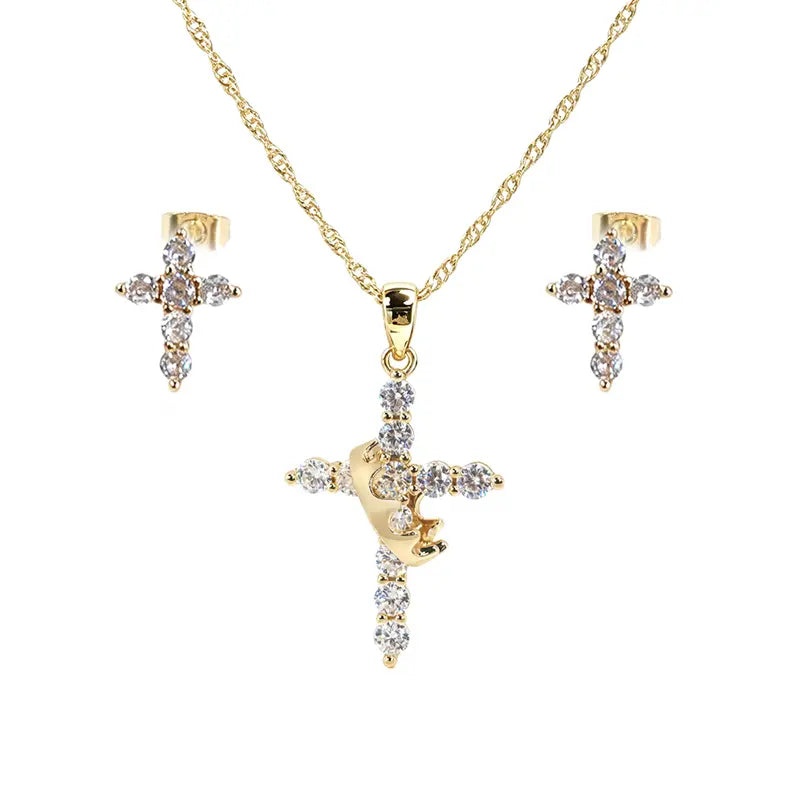Sparkling Cubic Zirconia Cross & Crown Necklace & Ear Stud Set | Gold-Plated Delicate Jewelry, Suitable for Sensitive Ears | Gift for Her