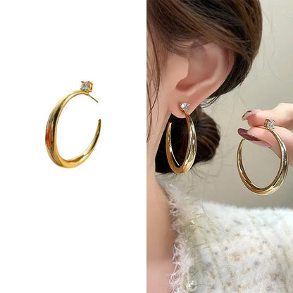 Women'S Gold C-Hoop Earrings - 4.0 Cm Chunky Vacuum-Plated Open Hybrid Hoops with Solitaire Cubic Zirconia Stud, Hypoallergenic Designer Inspired Bling Ear Stacking Jewelry for Night Out, Casual Wear, Gold Aesthetic