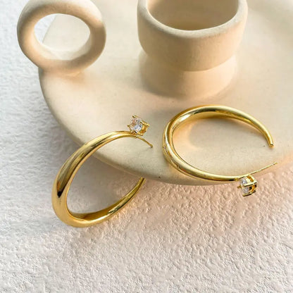 Women'S Gold C-Hoop Earrings - 4.0 Cm Chunky Vacuum-Plated Open Hybrid Hoops with Solitaire Cubic Zirconia Stud, Hypoallergenic Designer Inspired Bling Ear Stacking Jewelry for Night Out, Casual Wear, Gold Aesthetic