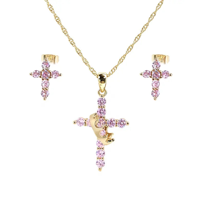 Sparkling Cubic Zirconia Cross & Crown Necklace & Ear Stud Set | Gold-Plated Delicate Jewelry, Suitable for Sensitive Ears | Gift for Her