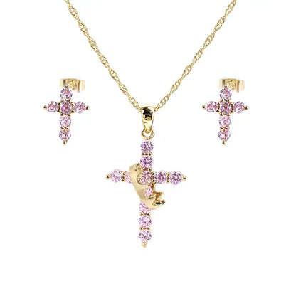 Sparkling Cubic Zirconia Cross & Crown Necklace & Ear Stud Set | Gold-Plated Delicate Jewelry, Suitable for Sensitive Ears | Gift for Her