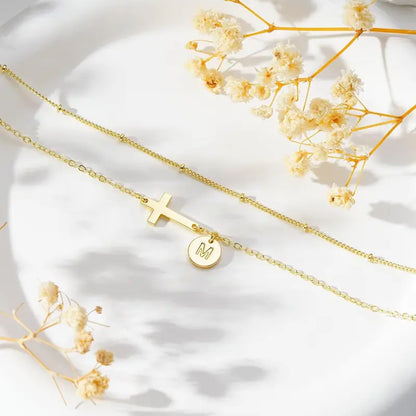 Turandoss Women'S 14K Gold-Plated Adjustable Initial Cross Chain Bracelet - Dainty Layered Disc Initial Letter Gold Stack, Exquisite Fashion Wrist Jewelry for Teen Girls, Baptism Gift
