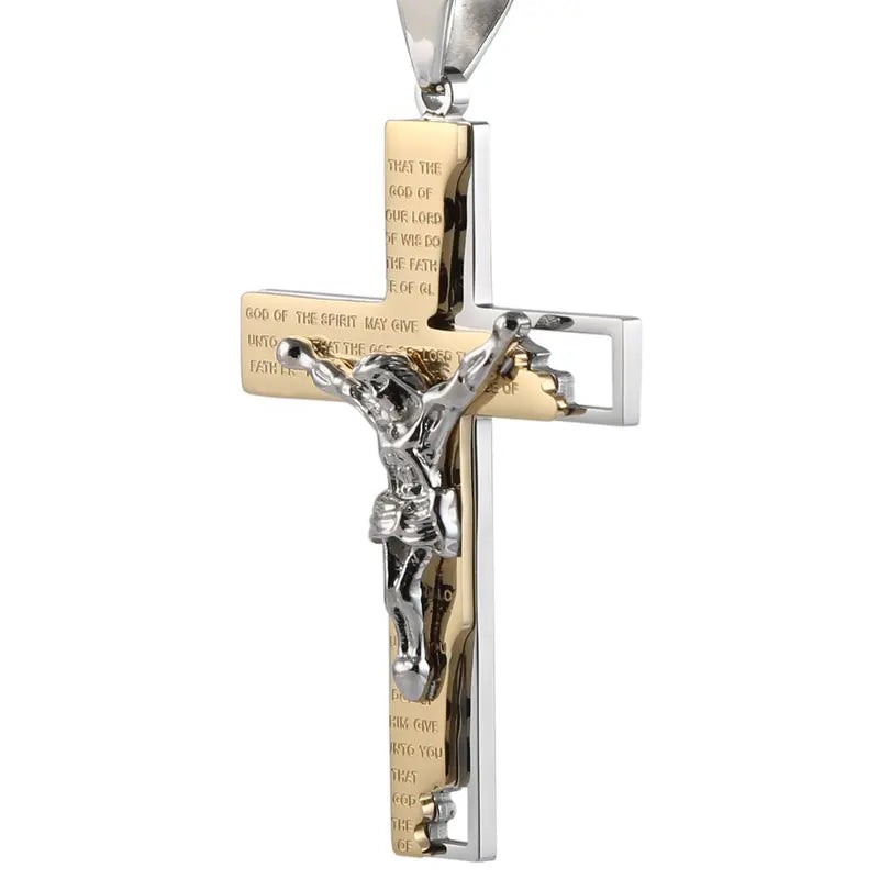 Unisex Stainless Steel Cross Crucifix Pendant Necklace, Prayer Theme, 22+2In Chain for Everyday, Casual Wear