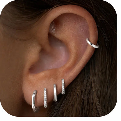 MONAVRA 5PCS Silver/Gold Plated Hypoallergenic Huggie Ear Hoops Mini Set - Dainty CZ, Lightweight Thin, Polished Metal Earrings, Earring Stack, Gold Hoop Charm Stack Earrings, Women'S Cartilage Jewelry Daily Gift